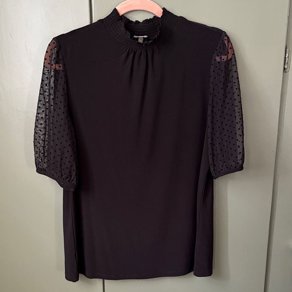 Anne Klein Black Blouse with Sheer Polka Dot Sleeves